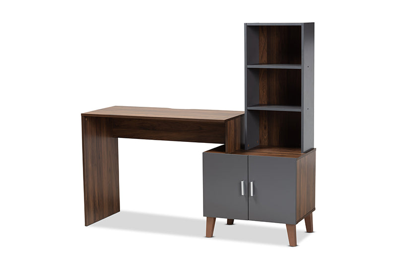 Commodore Modern and Contemporary Two-Tone Walnut Brown and Dark Gray Finished Wood Storage Desk w/Shelves