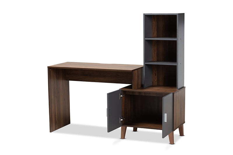 Commodore Modern and Contemporary Two-Tone Walnut Brown and Dark Gray Finished Wood Storage Desk w/Shelves