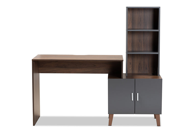 Commodore Modern and Contemporary Two-Tone Walnut Brown and Dark Gray Finished Wood Storage Desk w/Shelves