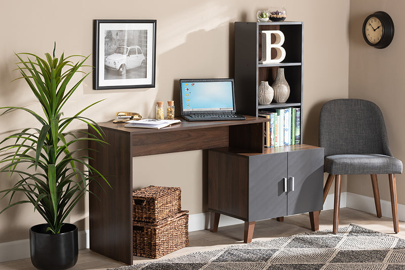 Commodore Modern and Contemporary Two-Tone Walnut Brown and Dark Gray Finished Wood Storage Desk w/Shelves