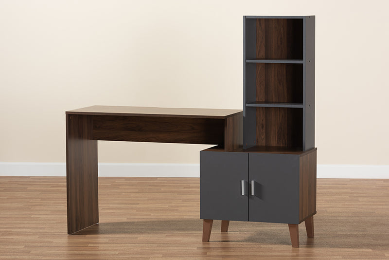 Commodore Modern and Contemporary Two-Tone Walnut Brown and Dark Gray Finished Wood Storage Desk w/Shelves