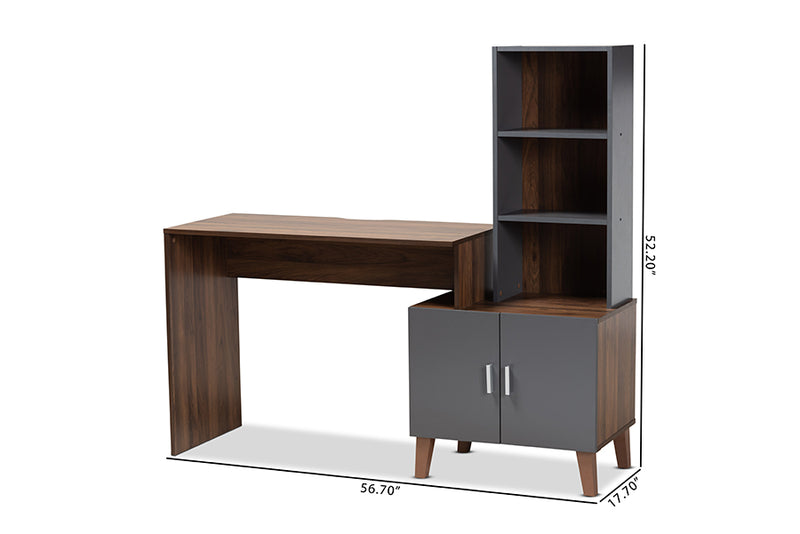 Commodore Modern and Contemporary Two-Tone Walnut Brown and Dark Gray Finished Wood Storage Desk w/Shelves