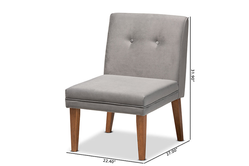 Dorina Mid-Century Modern Gray Velvet Upholstered and Walnut Brown Finished Wood Dining Chair