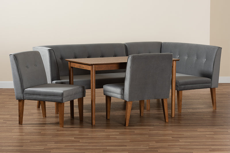 Dorina Mid-Century Modern Gray Velvet Upholstered and Walnut Brown Finished Wood 5-Piece Dining Set