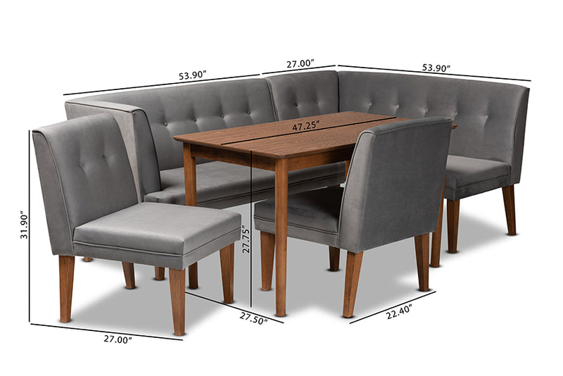 Dorina Mid-Century Modern Gray Velvet Upholstered and Walnut Brown Finished Wood 5-Piece Dining Set