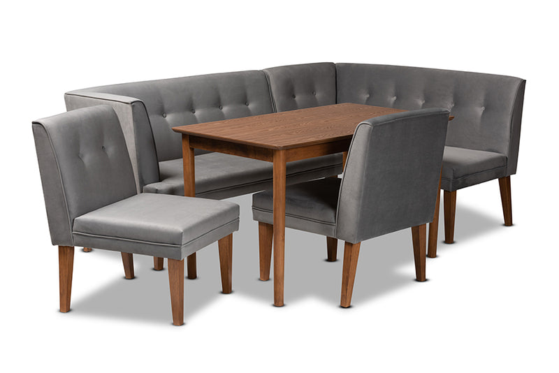 Dorina Mid-Century Modern Gray Velvet Upholstered and Walnut Brown Finished Wood 5-Piece Dining Set