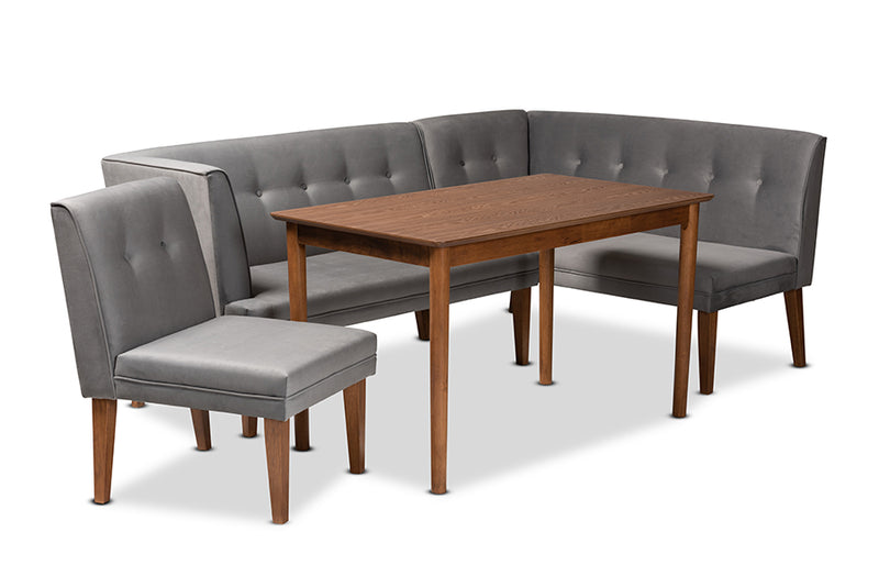 Dorina Mid-Century Modern Gray Velvet Upholstered and Walnut Brown Finished Wood 4-Piece Dining Nook Set