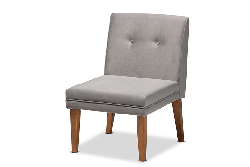 Dorina Mid-Century Modern Gray Velvet Upholstered and Walnut Brown Finished Wood Dining Chair