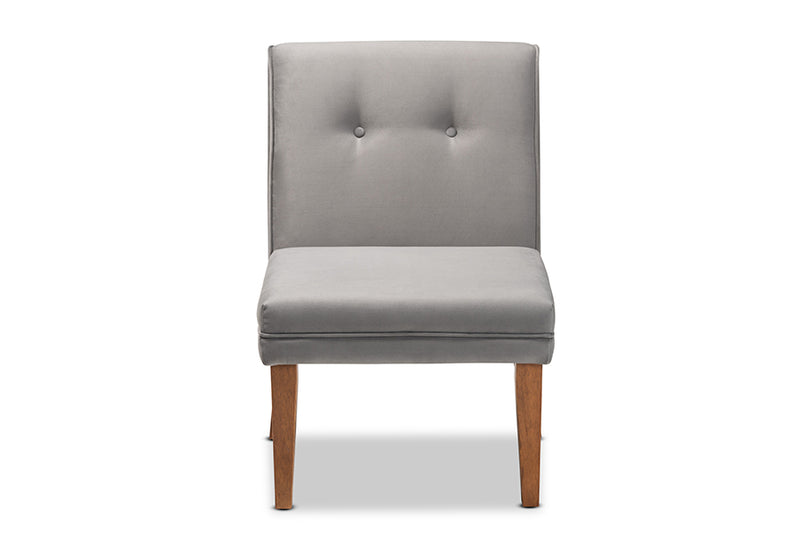 Dorina Mid-Century Modern Gray Velvet Upholstered and Walnut Brown Finished Wood Dining Chair