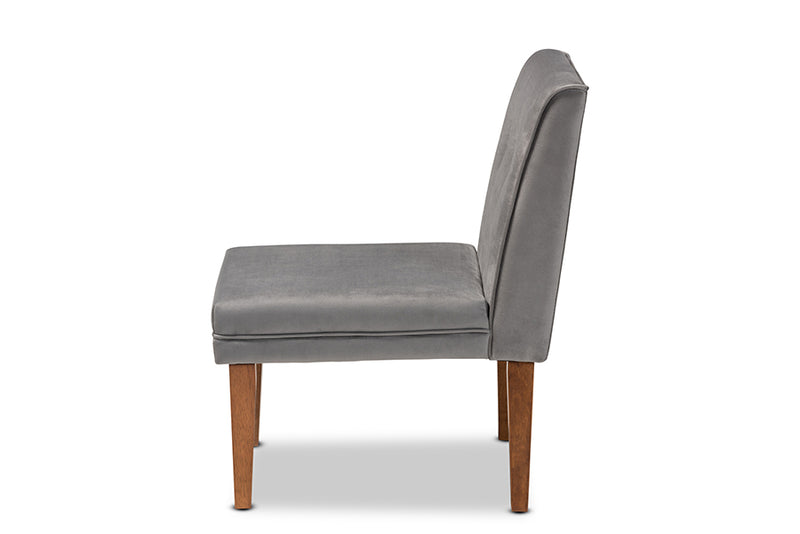 Dorina Mid-Century Modern Gray Velvet Upholstered and Walnut Brown Finished Wood Dining Chair