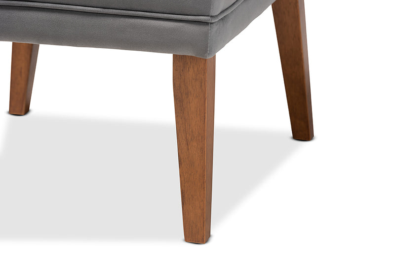 Dorina Mid-Century Modern Gray Velvet Upholstered and Walnut Brown Finished Wood Dining Chair