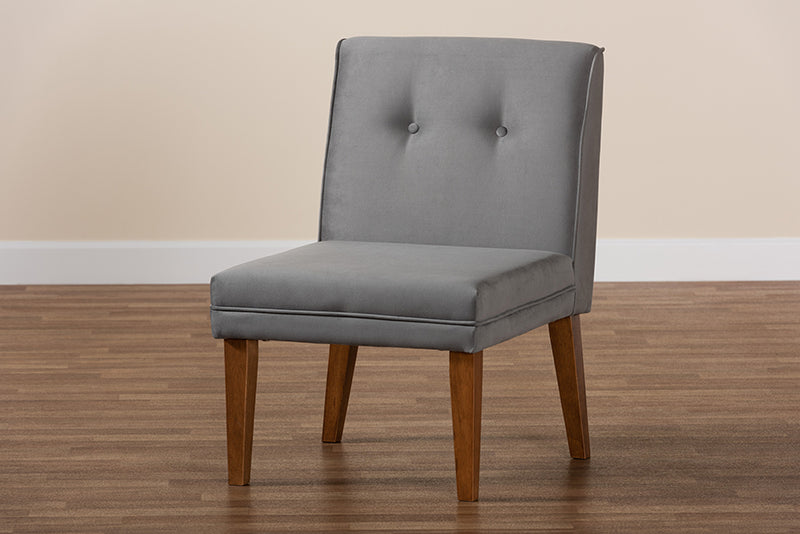 Dorina Mid-Century Modern Gray Velvet Upholstered and Walnut Brown Finished Wood Dining Chair