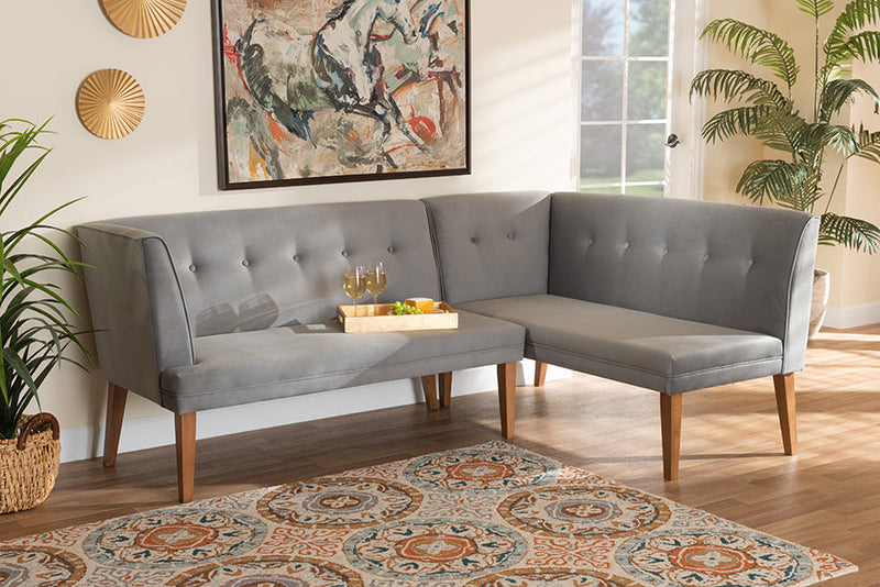 Dorina Gray Velvet Upholstered and Walnut Brown 2Pc Dining Nook Banquette Set Baxton