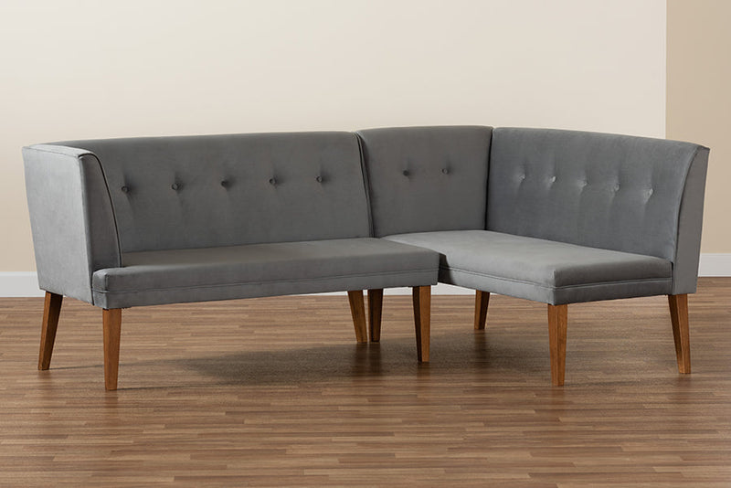 Dorina Gray Velvet Upholstered and Walnut Brown 2Pc Dining Nook Banquette Set Baxton