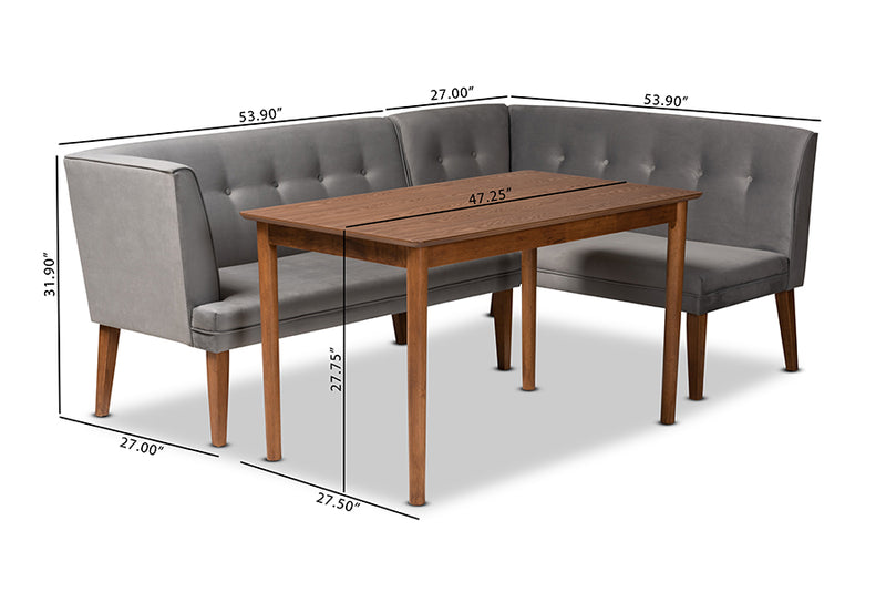 Dorina Mid-Century Modern Gray Velvet Upholstered and Walnut Brown Finished Wood 3-Piece Dining Nook Set