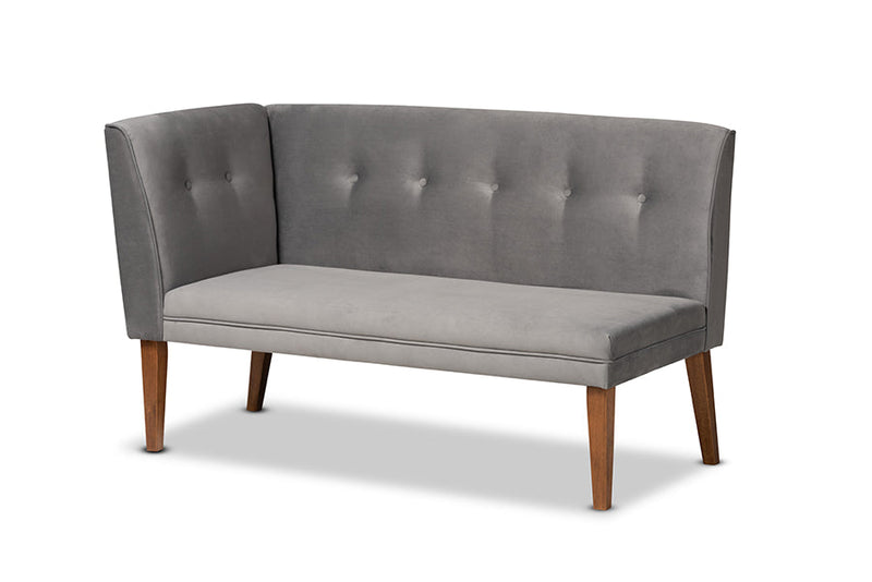 Dorina Gray Velvet Upholstered and Walnut Brown 3-Piece Dining Nook Set Baxton