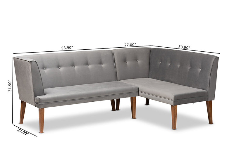 Dorina Mid-Century Modern Gray Velvet Upholstered and Walnut Brown Finished Wood 2-Piece Dining Nook Banquette Set