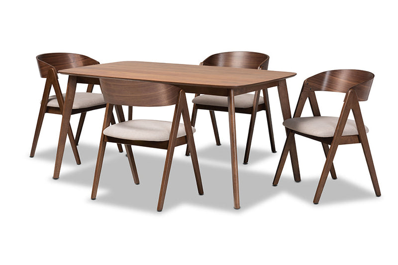 Caspera Beige Fabric Upholstered and Walnut Brown 5-Piece Dining Set Baxton
