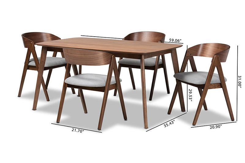 Caspera Gray Fabric Upholstered and Walnut Brown 5-Piece Dining Set Baxton