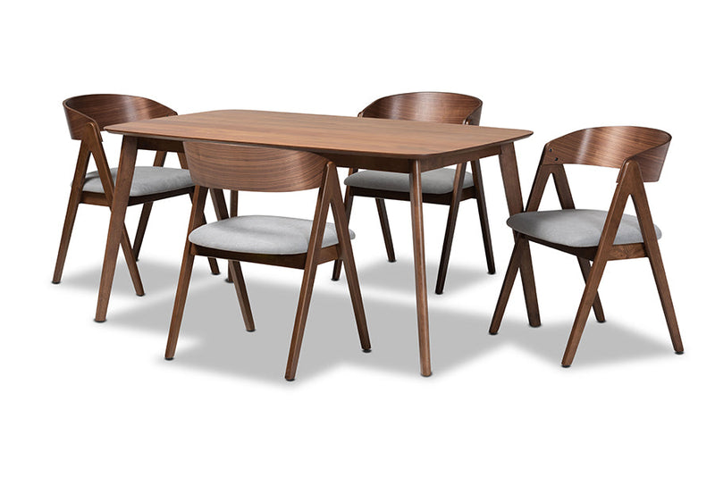 Caspera Gray Fabric Upholstered and Walnut Brown 5-Piece Dining Set Baxton