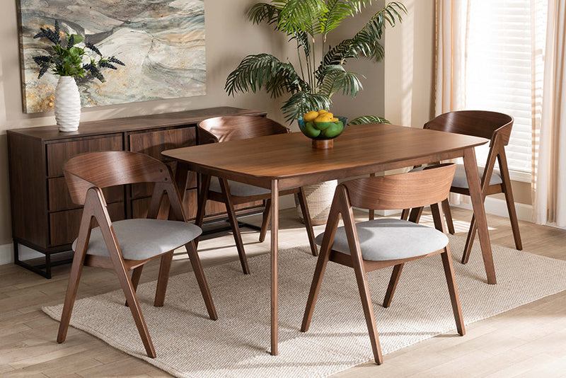 Caspera Gray Fabric Upholstered and Walnut Brown 5-Piece Dining Set Baxton