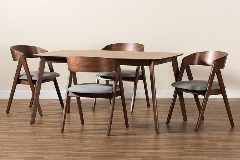 Caspera Gray Fabric Upholstered and Walnut Brown 5-Piece Dining Set Baxton