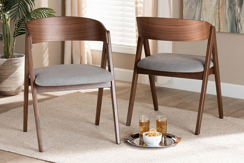 Caspera Gray Fabric Upholstered and Walnut Brown 2Pc Dining Chair Set Baxton