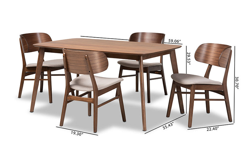 Marguerite Beige Fabric Upholstered and Walnut Brown 5-Piece Dining Set Baxton