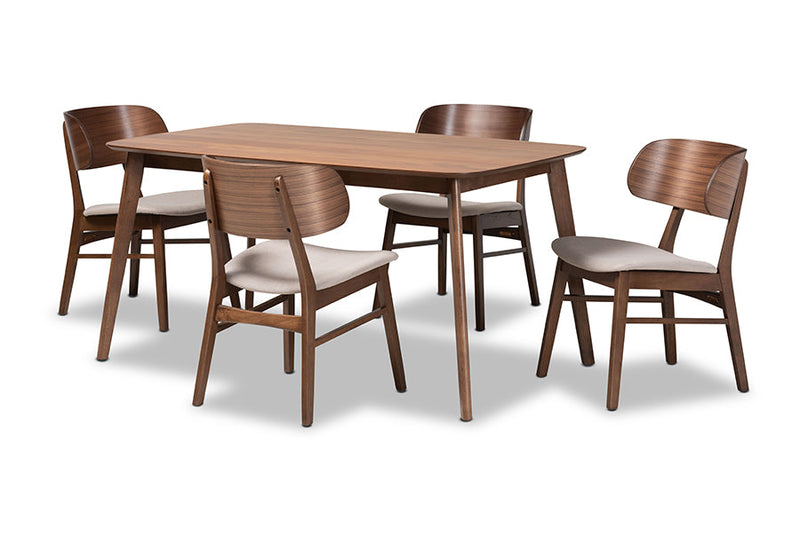 Marguerite Beige Fabric Upholstered and Walnut Brown 5-Piece Dining Set Baxton