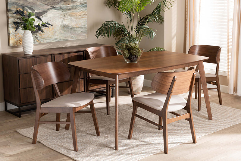 Marguerite Mid-Century Modern Beige Fabric Upholstered and Walnut Brown Finished Wood 5-Piece Dining Set