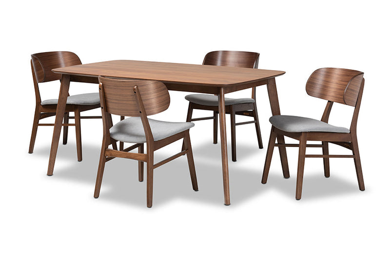 Marguerite Gray Fabric Upholstered and Walnut Brown 5-Piece Dining Set Baxton