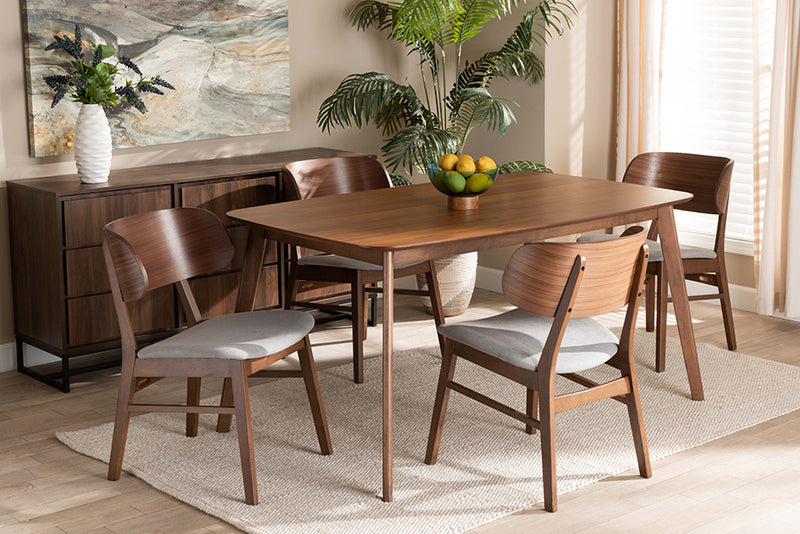 Marguerite Mid-Century Modern Gray Fabric Upholstered and Walnut Brown Finished Wood 5-Piece Dining Set