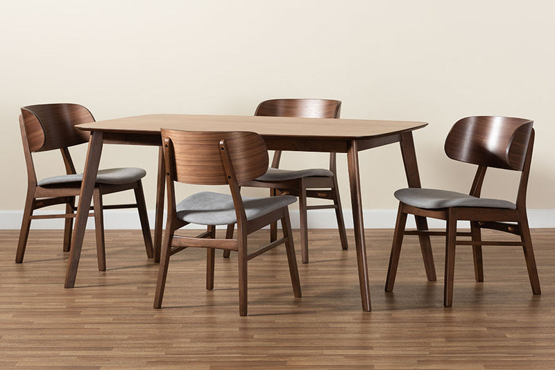 Marguerite Gray Fabric Upholstered and Walnut Brown 5-Piece Dining Set Baxton
