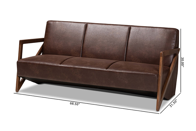 Holitz Mid-Century Dark Brown Faux Leather Effect Fabric Upholstered and Walnut Brown Finished Wood Sofa