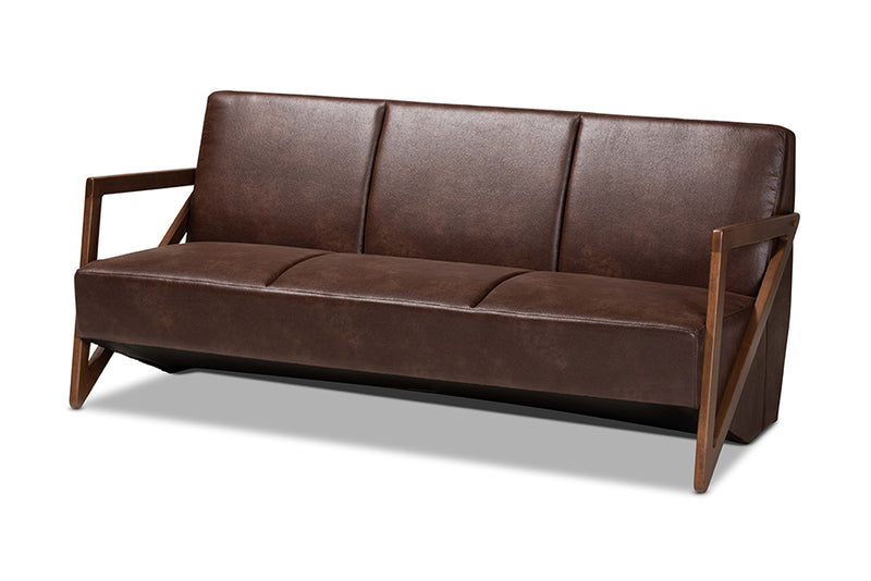 Holitz Mid-Century Dark Brown Faux Leather Effect Fabric Upholstered and Walnut Brown Finished Wood Sofa