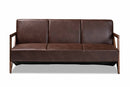 Holitz Dark Brown Faux Leather Effect Fabric Upholstered and Walnut Brown Sofa Baxton