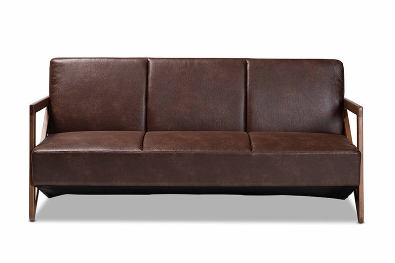 Holitz Mid-Century Dark Brown Faux Leather Effect Fabric Upholstered and Walnut Brown Finished Wood Sofa