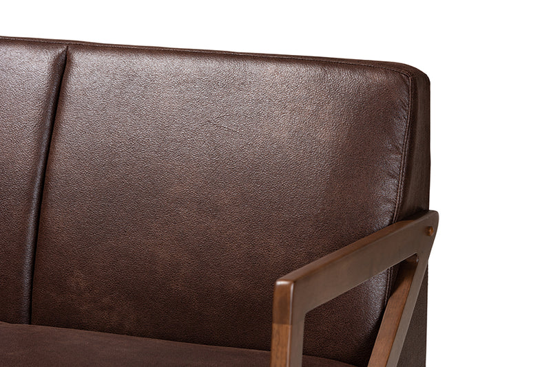 Holitz Mid-Century Dark Brown Faux Leather Effect Fabric Upholstered and Walnut Brown Finished Wood Sofa