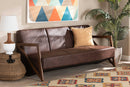 Holitz Dark Brown Faux Leather Effect Fabric Upholstered and Walnut Brown Sofa Baxton
