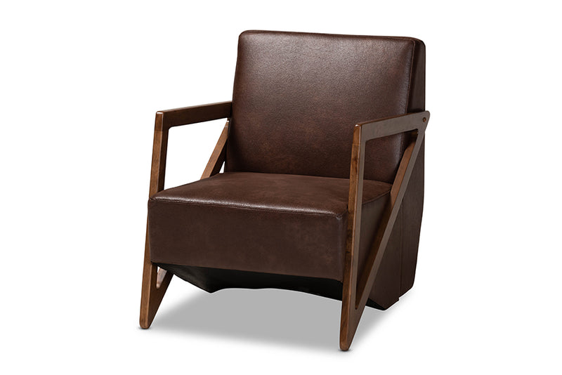 Holitz Mid-Century Dark Brown Faux Leather Effect Fabric Upholstered and Walnut Brown Finished Wood Accent Chair