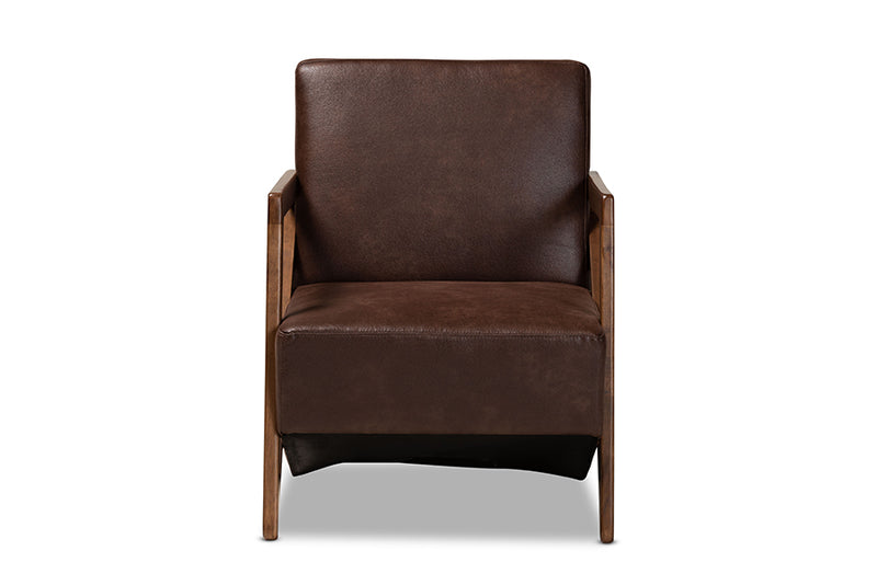 Holitz Mid-Century Dark Brown Faux Leather Effect Fabric Upholstered and Walnut Brown Finished Wood Accent Chair