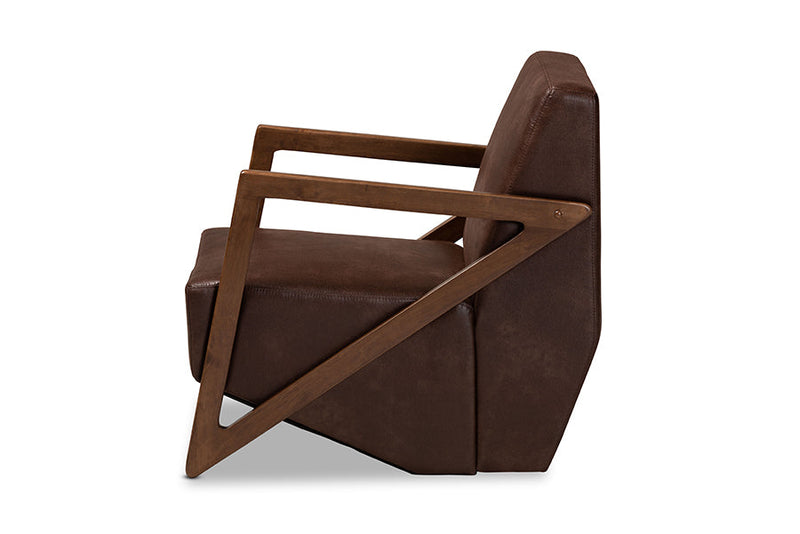 Holitz Dark Brown Faux Leather Effect Fabric Walnut Brown Accent Chair Baxton