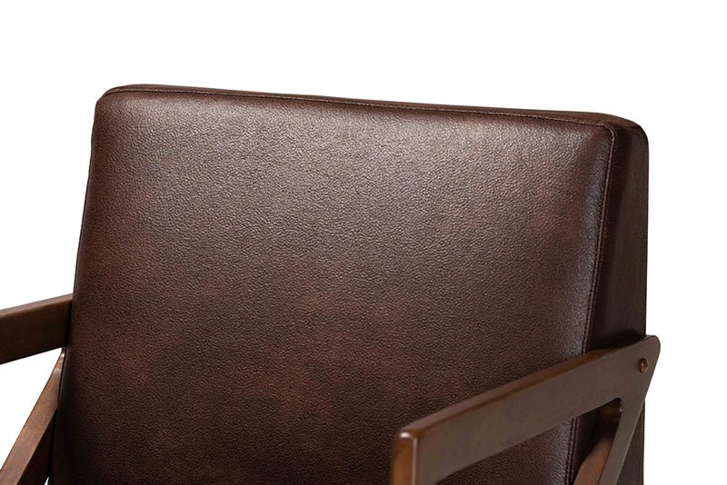 Holitz Mid-Century Dark Brown Faux Leather Effect Fabric Upholstered and Walnut Brown Finished Wood Accent Chair