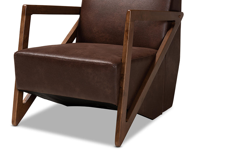 Holitz Mid-Century Dark Brown Faux Leather Effect Fabric Upholstered and Walnut Brown Finished Wood Accent Chair