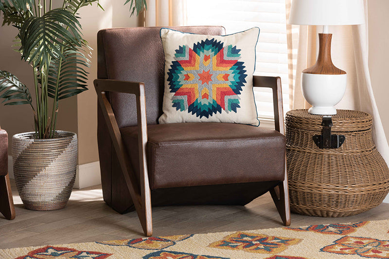 Holitz Dark Brown Faux Leather Effect Fabric Walnut Brown Accent Chair Baxton