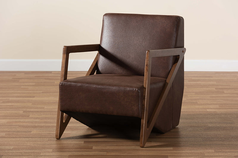 Holitz Mid-Century Dark Brown Faux Leather Effect Fabric Upholstered and Walnut Brown Finished Wood Accent Chair