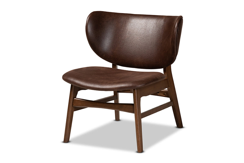 Naeva Mid-Century Modern Dark Brown Faux Leather Effect and Walnut Brown Finished Wood Living Room Accent Chair