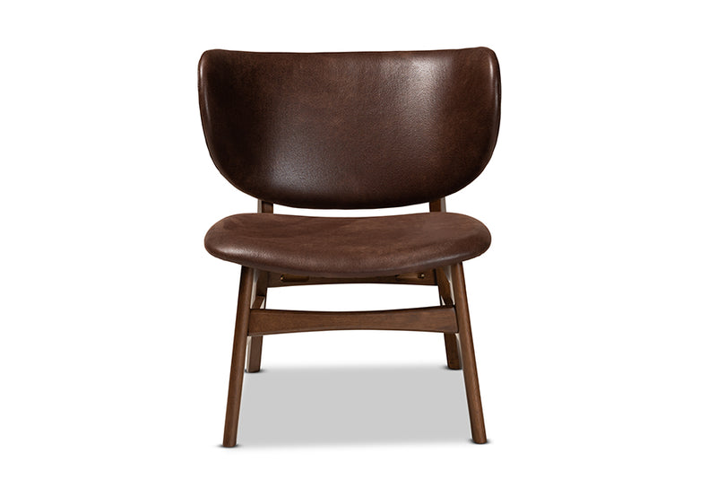 Naeva Mid-Century Modern Dark Brown Faux Leather Effect and Walnut Brown Finished Wood Living Room Accent Chair