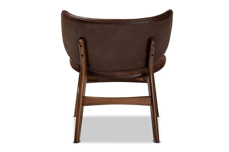 Naeva Mid-Century Modern Dark Brown Faux Leather Effect and Walnut Brown Finished Wood Living Room Accent Chair