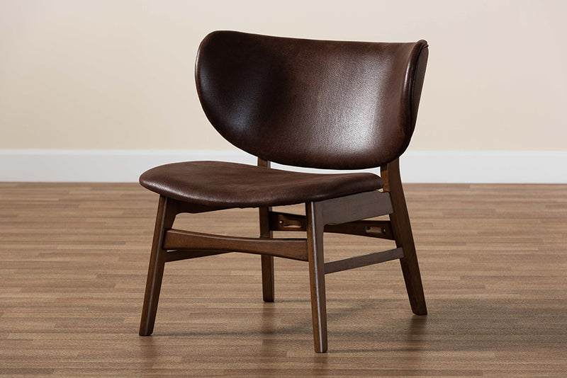 Naeva Mid-Century Modern Dark Brown Faux Leather Effect and Walnut Brown Finished Wood Living Room Accent Chair